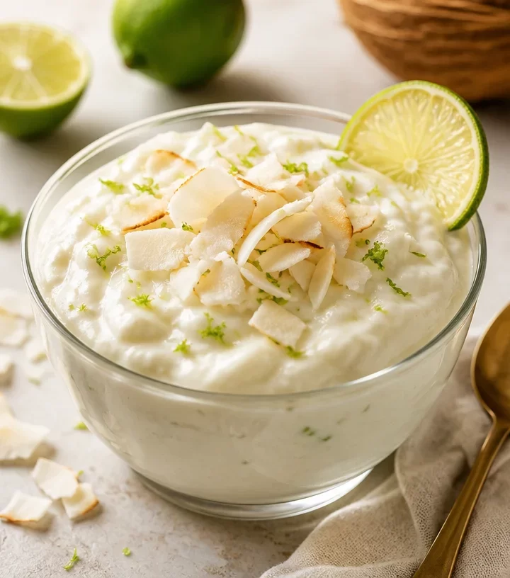 Protein Coconut Lime Silk in a glass, garnished with lime and coconut.