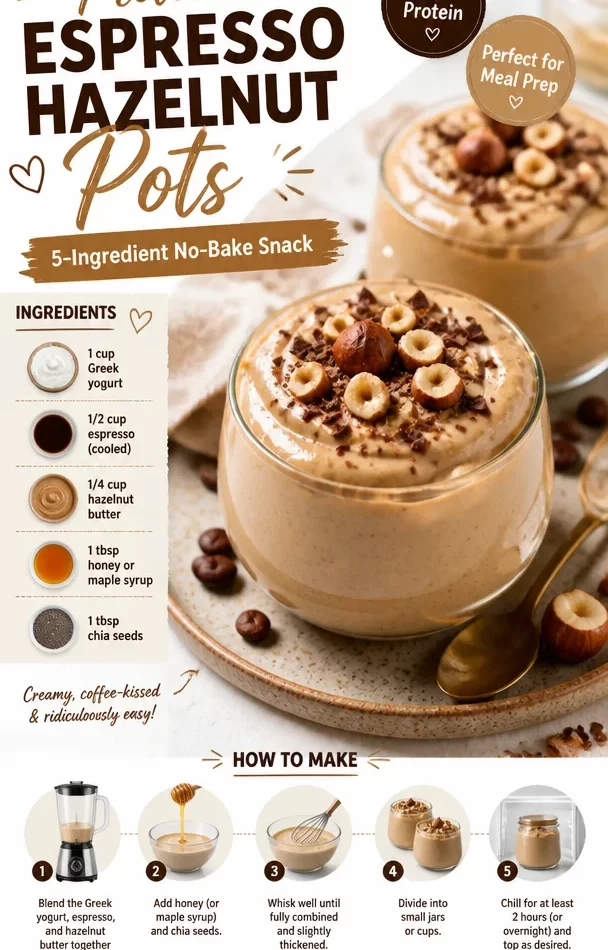 Protein espresso hazelnut pots—no-bake, 5-ingredient snack recipe.