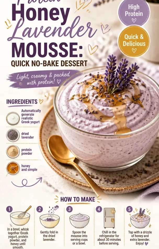 Delicious Protein Honey Lavender Mousse served in a glass with honey drizzle
