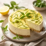 Delicious protein lemon verbena cheesecake garnished with fresh lemon slices.