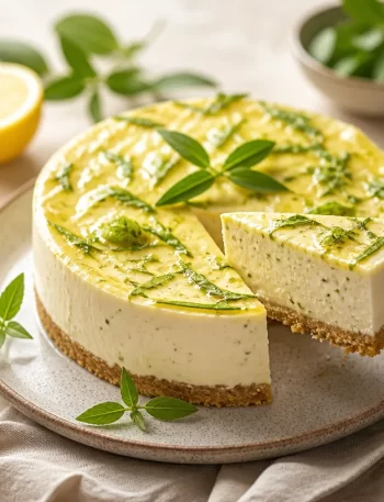 Delicious protein lemon verbena cheesecake garnished with fresh lemon slices.