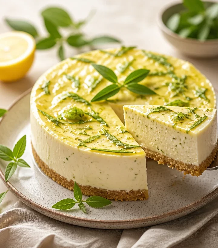 Delicious protein lemon verbena cheesecake garnished with fresh lemon slices.