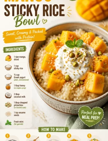 Delicious Protein Mango Sticky Rice Bowl showcasing fresh mango and sticky rice
