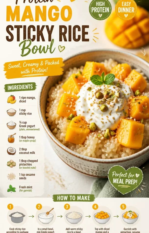 Delicious Protein Mango Sticky Rice Bowl showcasing fresh mango and sticky rice