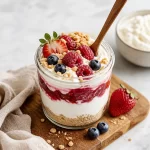Colorful protein-packed dessert jars stacked on a table