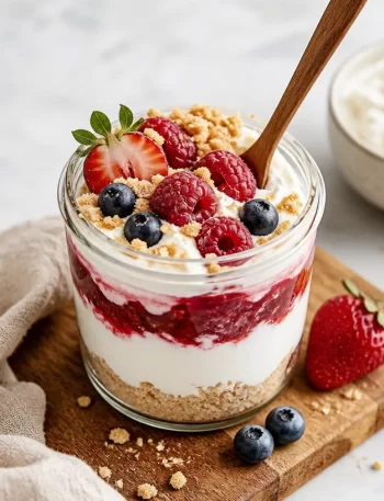 Colorful protein-packed dessert jars stacked on a table