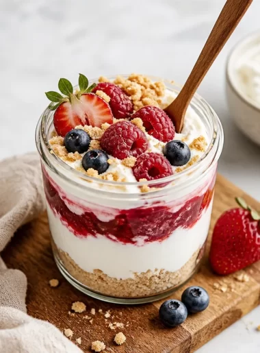 Colorful protein-packed dessert jars stacked on a table