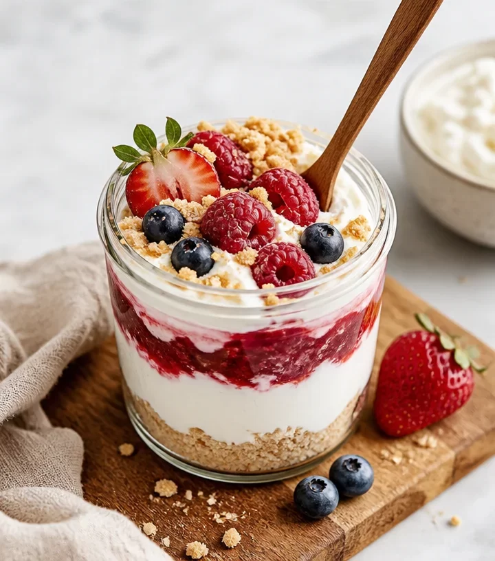 Colorful protein-packed dessert jars stacked on a table