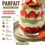 Protein-packed matcha strawberry parfait in a glass with fresh strawberries.