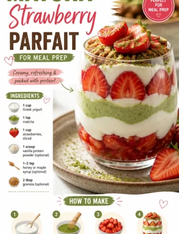 Protein-packed matcha strawberry parfait in a glass with fresh strawberries.
