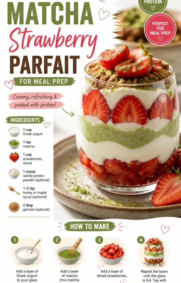 Protein-packed matcha strawberry parfait in a glass with fresh strawberries.