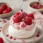 Protein-packed raspberry rose pavlova cups, a healthy no-bake dessert.