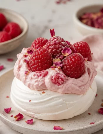 Protein-packed raspberry rose pavlova cups, a healthy no-bake dessert.