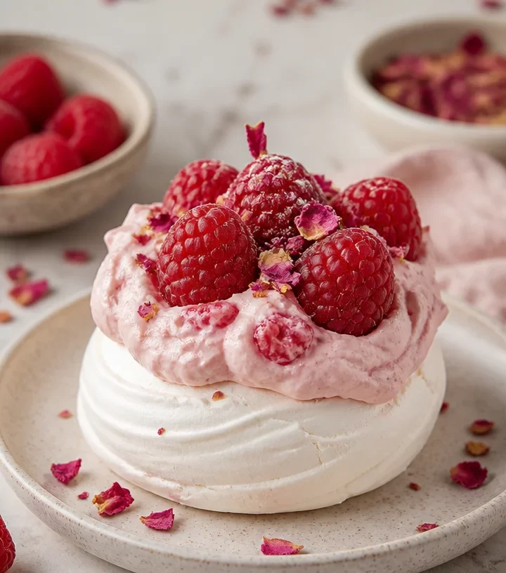Protein-packed raspberry rose pavlova cups, a healthy no-bake dessert.
