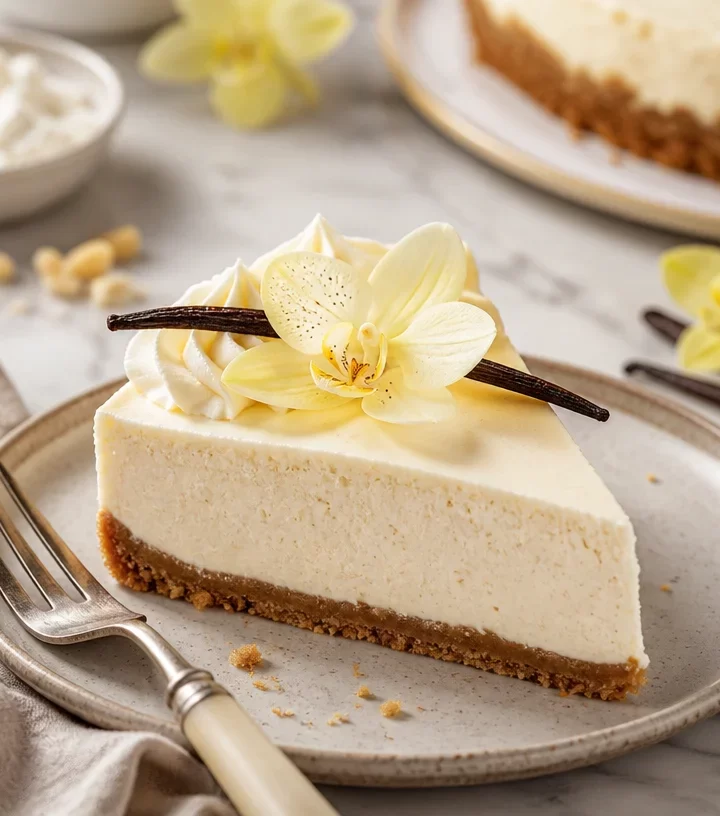 Protein-packed vanilla orchid cheesecake topped with fresh fruit