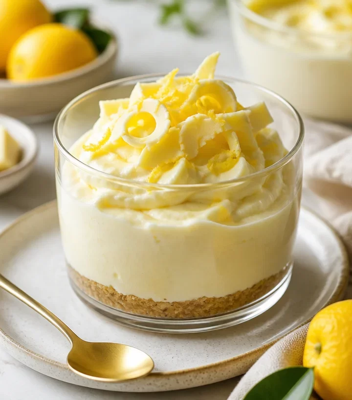 Protein-packed yuzu mousse with white chocolate served in a dessert bowl.