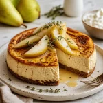 A delicious Protein Pear Thyme Cheesecake topped with fresh thyme and pears.