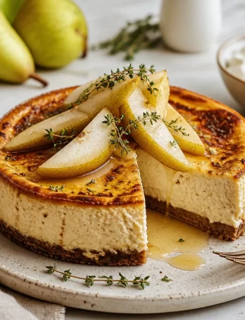 A delicious Protein Pear Thyme Cheesecake topped with fresh thyme and pears.