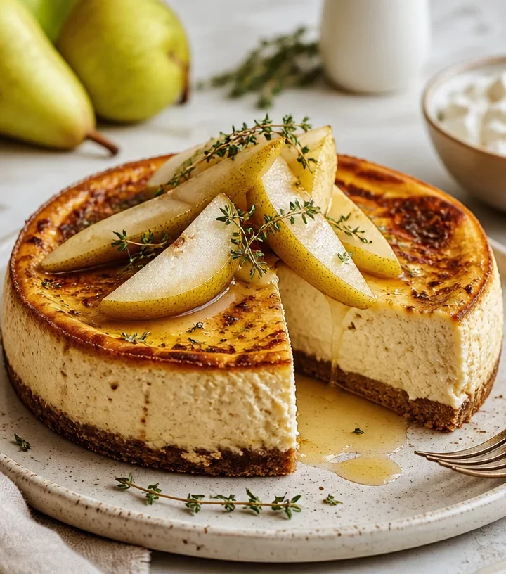 A delicious Protein Pear Thyme Cheesecake topped with fresh thyme and pears.