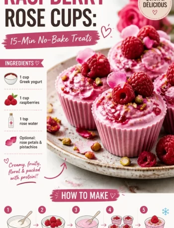 No-bake Protein Raspberry Rose Cups topped with raspberries and rose petals