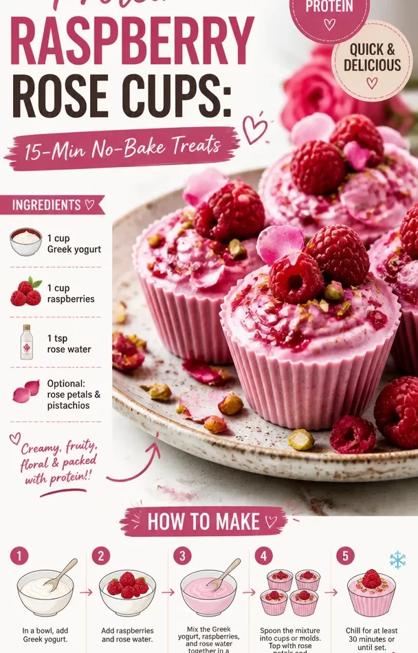 No-bake Protein Raspberry Rose Cups topped with raspberries and rose petals