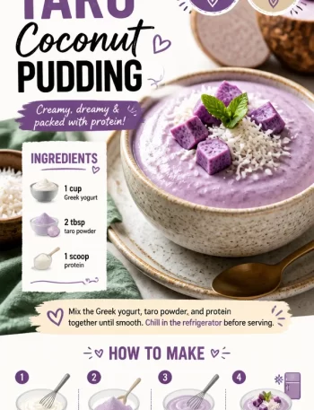 Protein-rich taro coconut pudding served in a bowl with a garnish.