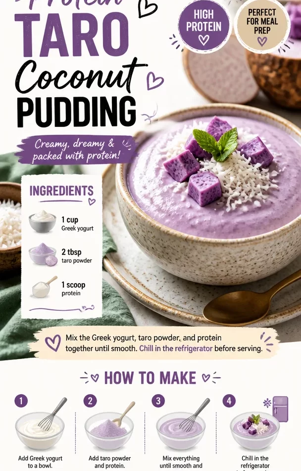 Protein-rich taro coconut pudding served in a bowl with a garnish.