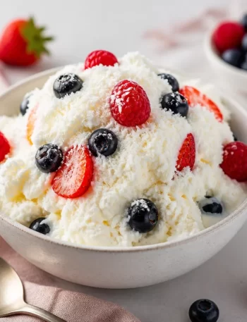 Protein yogurt snow topped with fresh berries in a bowl
