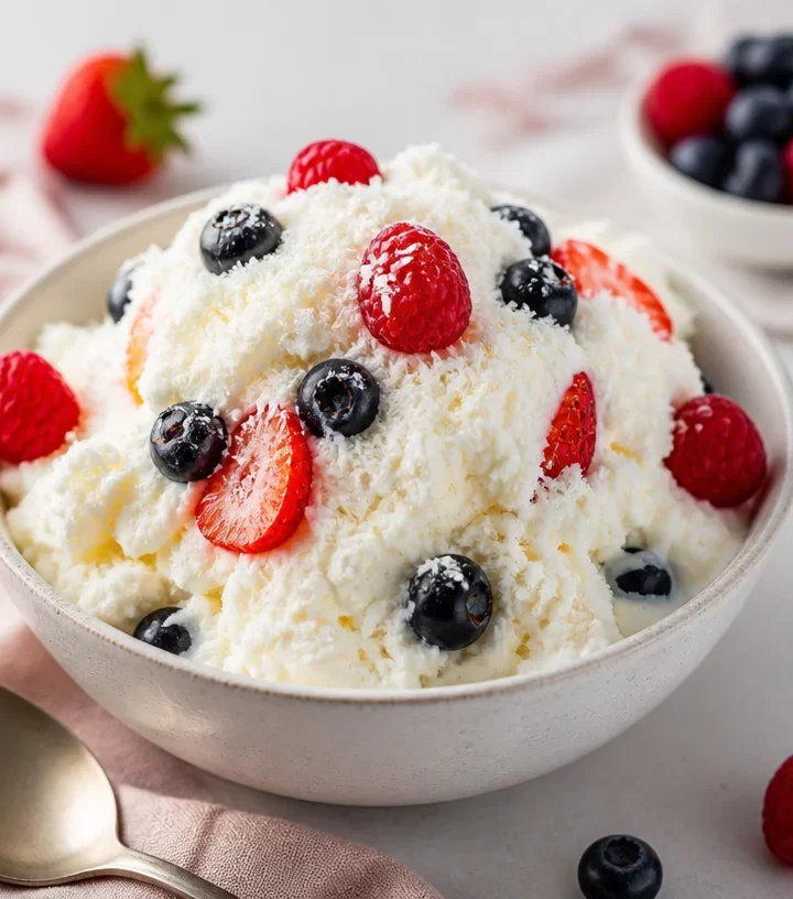 Protein yogurt snow topped with fresh berries in a bowl