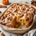 Delicious pumpkin cinnamon roll bake topped with creamy frosting and spices.