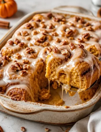 Delicious pumpkin cinnamon roll bake topped with creamy frosting and spices.