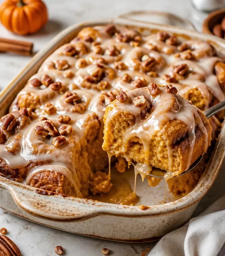 Delicious pumpkin cinnamon roll bake topped with creamy frosting and spices.