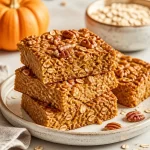 Pumpkin oatmeal breakfast bars with spices and nuts on a wooden surface