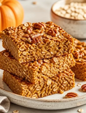 Pumpkin oatmeal breakfast bars with spices and nuts on a wooden surface