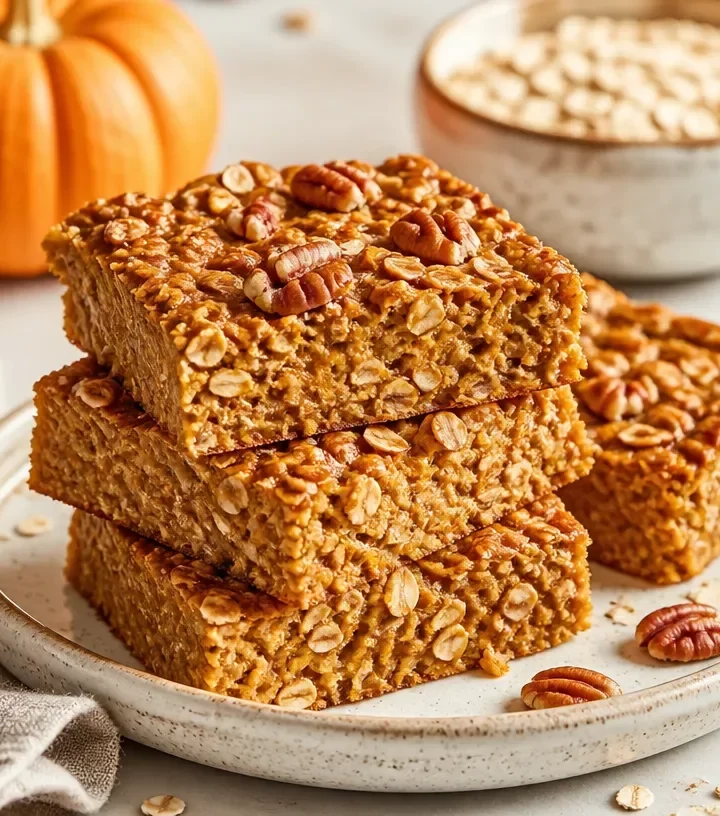 Pumpkin oatmeal breakfast bars with spices and nuts on a wooden surface