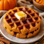 Delicious pumpkin waffles topped with syrup and whipped cream