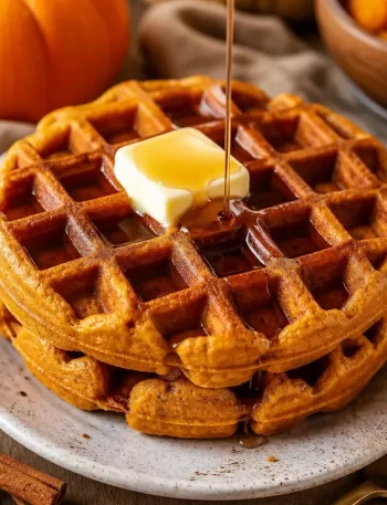 Delicious pumpkin waffles topped with syrup and whipped cream