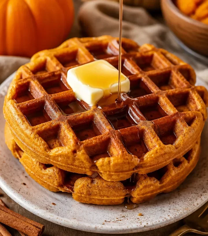 Delicious pumpkin waffles topped with syrup and whipped cream