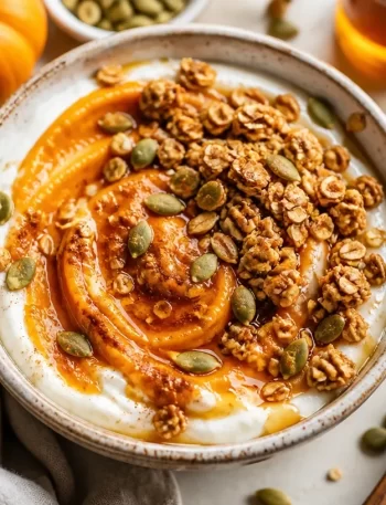Delicious Pumpkin Yogurt Breakfast Bowl topped with nuts and seeds