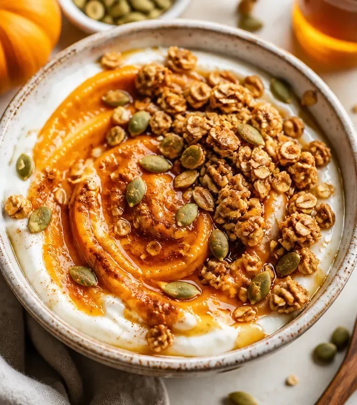 Delicious Pumpkin Yogurt Breakfast Bowl topped with nuts and seeds