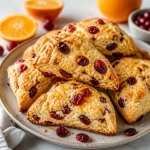 Freshly baked cranberry-orange scones on a wooden table