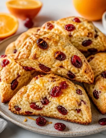 Freshly baked cranberry-orange scones on a wooden table