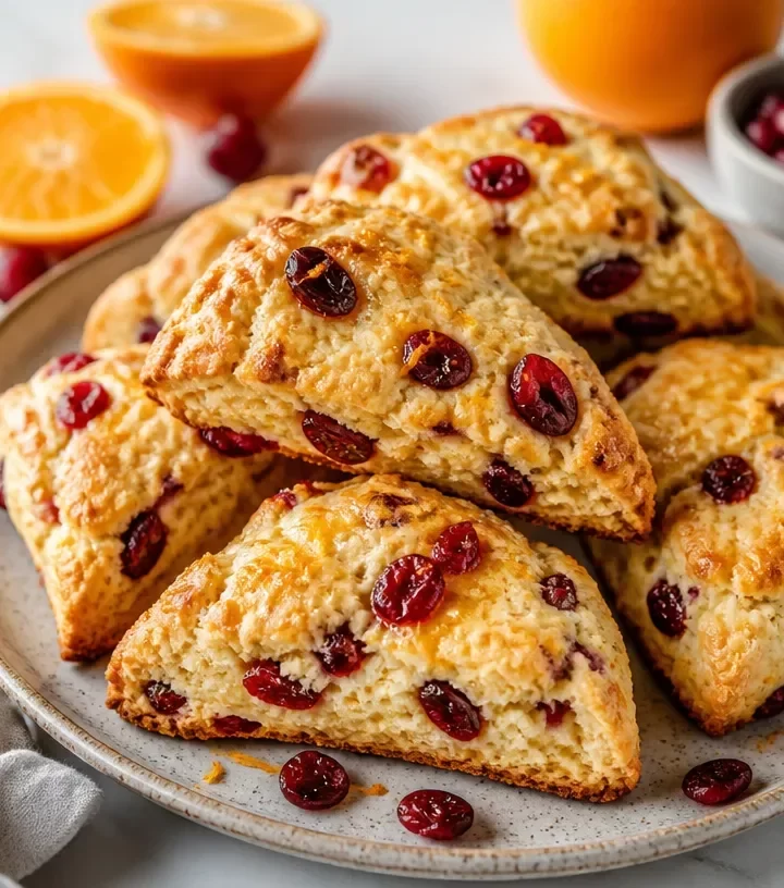 Freshly baked cranberry-orange scones on a wooden table